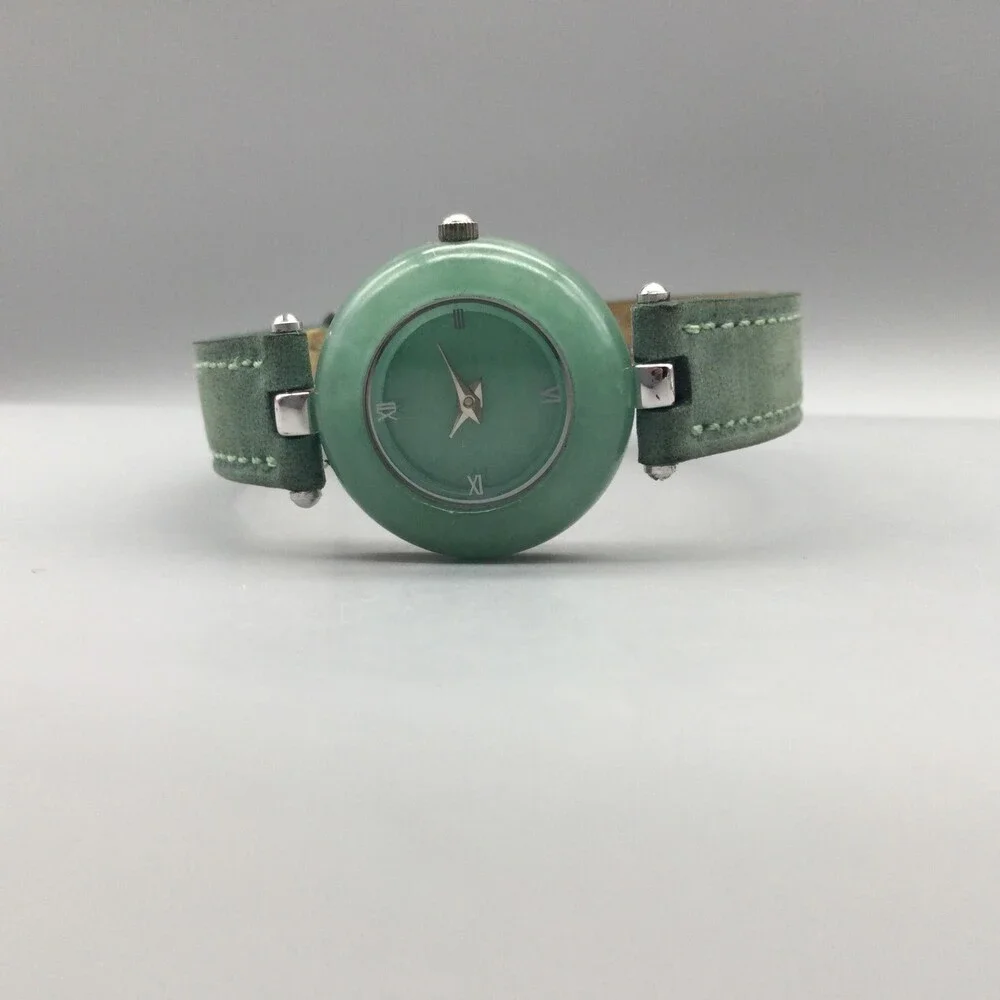 Womens Watch 24mm Green Dial Sterling 925 Case Green Leather Strap New Battery